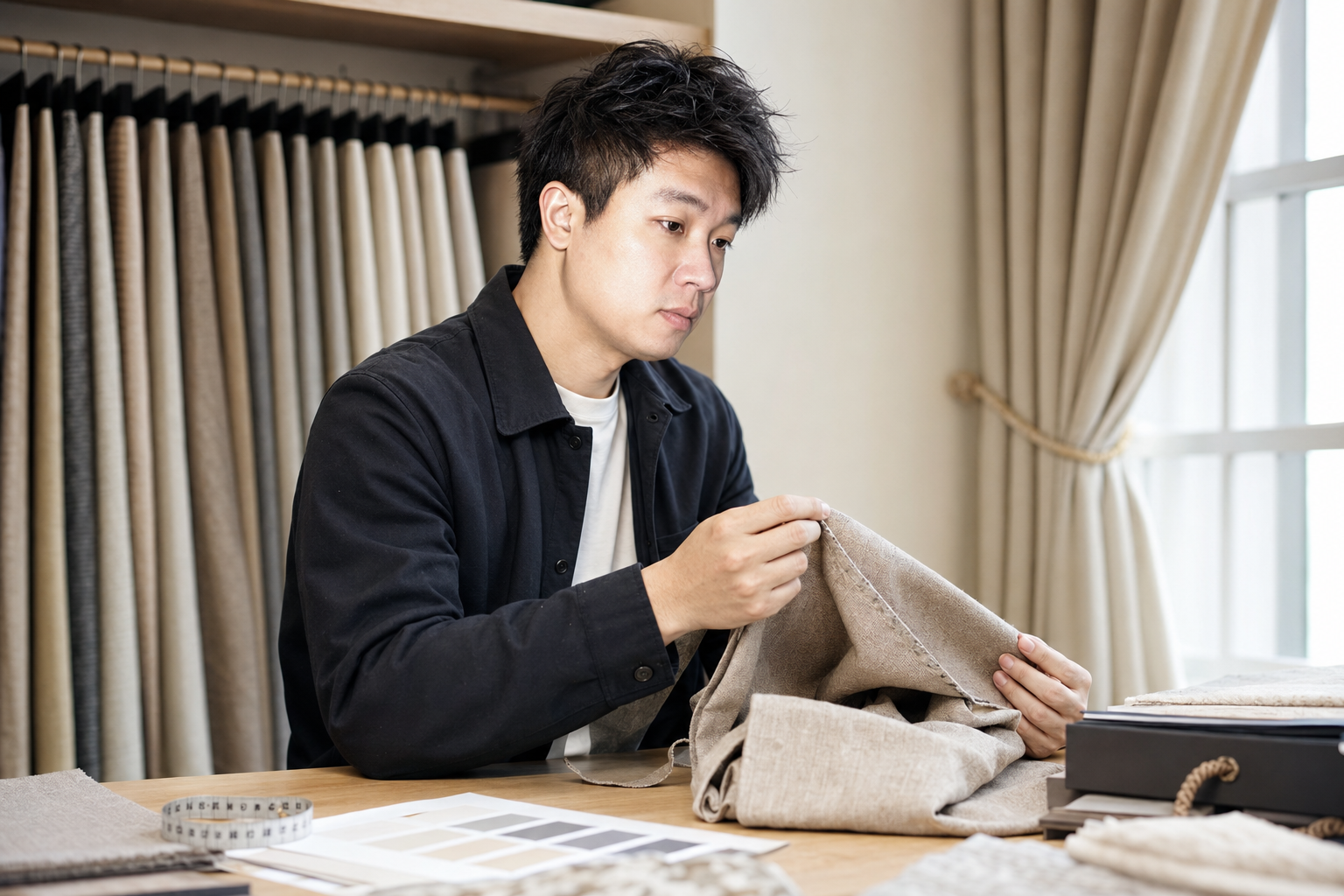 Vecchio inspecting curtain fabric and stitching