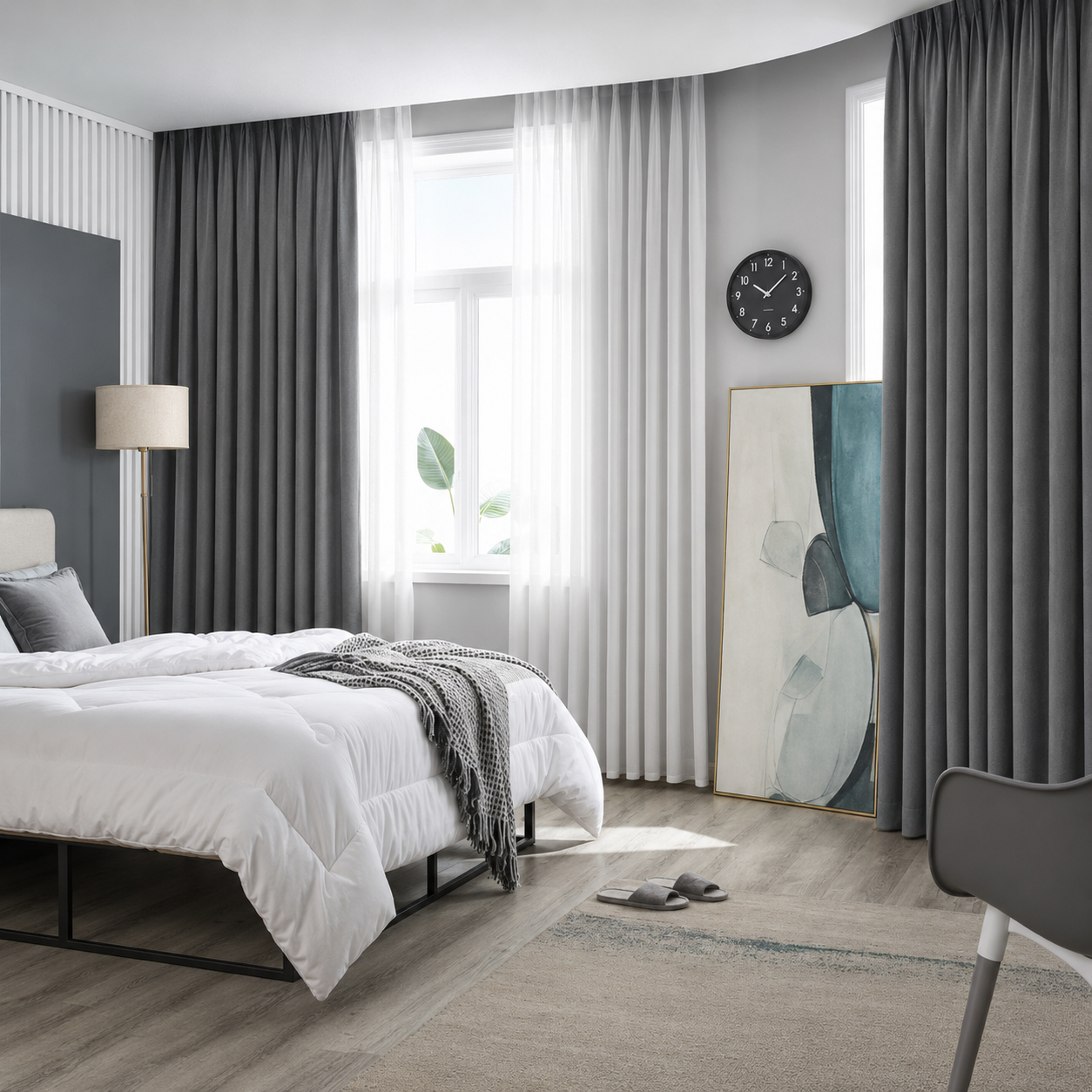 Gray solid-color blackout curtain in a bedroom