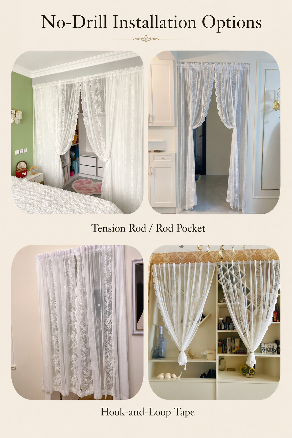 No-drill curtain examples using a tension rod and hook-and-loop tape