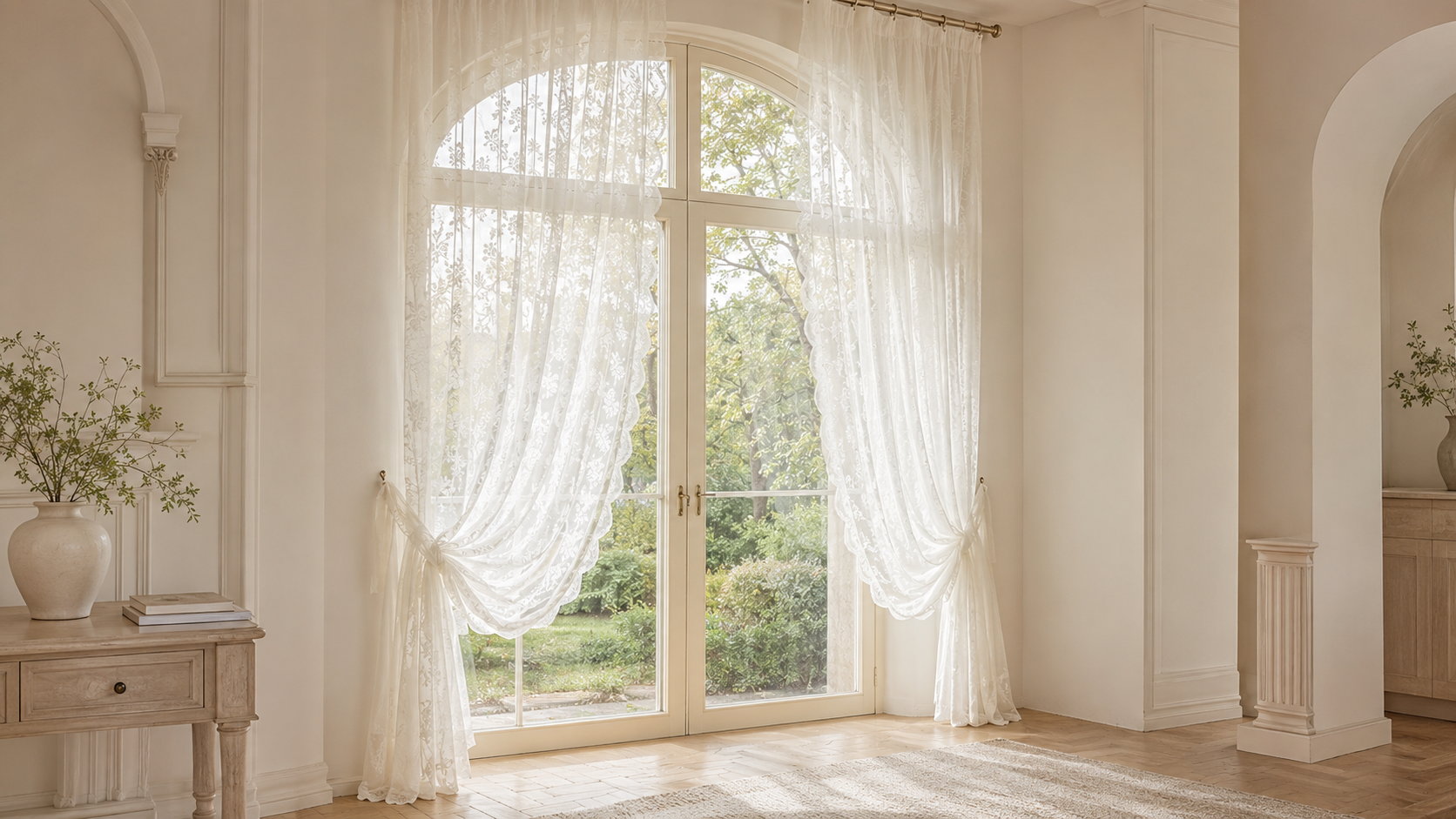 Custom white lace curtains framing an arched window